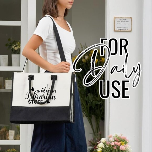 Women Canvas Tote Bag Gift Set with Zipper Pouch Ribbons Multi-Purpose - Picture 4 of 8